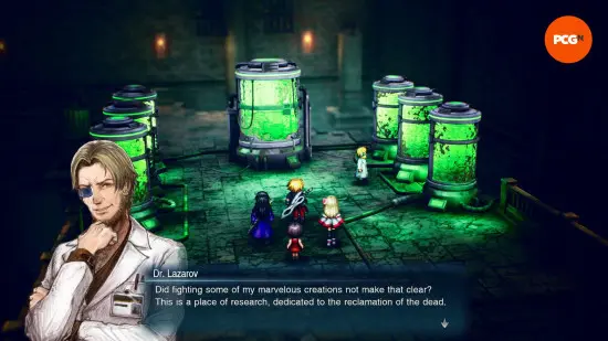 FF Resonance: a dank, dark room filled with glowing green vats of liquid.
