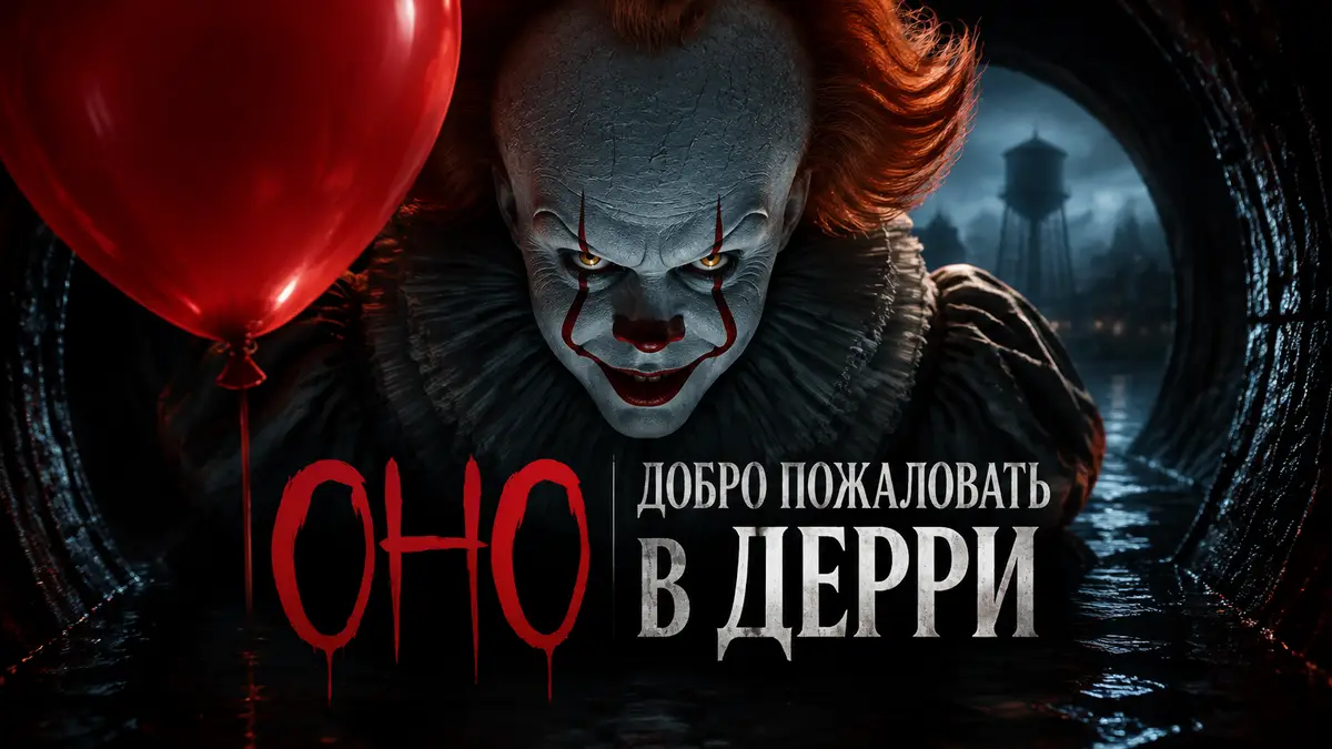 Зловещий клоун Пеннивайз в темноте на постере сериала Оно Добро пожаловать в Дерри