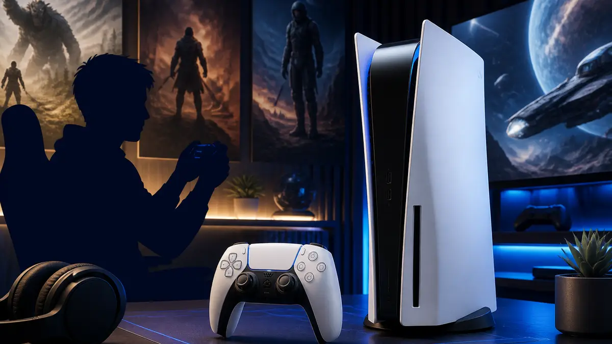 Игровая консоль PlayStation 5 и геймпад DualSense на игровом столе