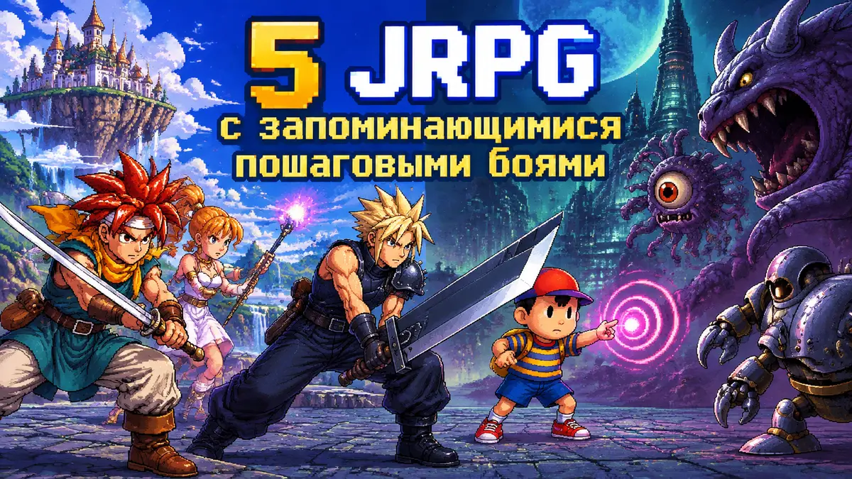 Герои классических JRPG Chrono Trigger, Final Fantasy 7 и EarthBound в пошаговом бою, яркий ретро-постер