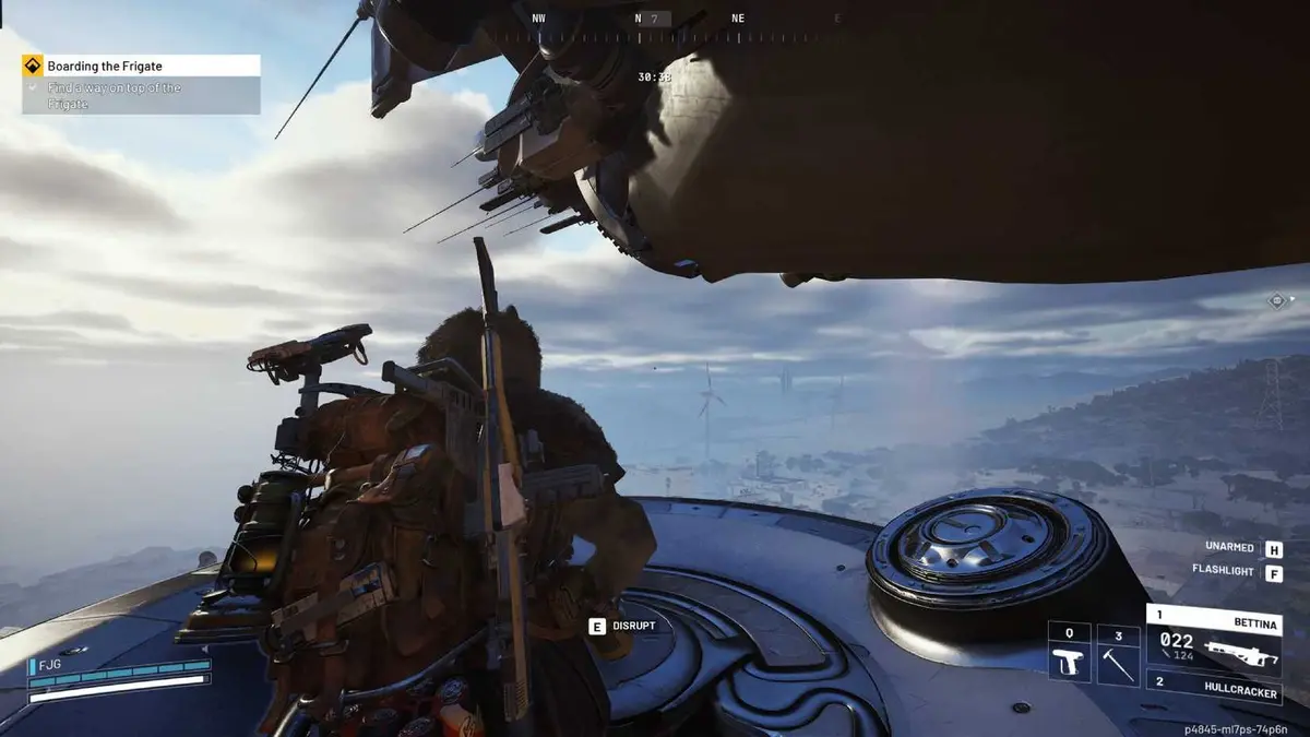 The player standing aboard one of the smaller ships to board the Frigate in Arc Raiders.