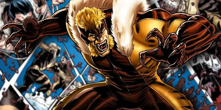Comic book art: Sabretooth with his claws draw (foreground); fight with Akihiro from Wolverine #41 (background)
