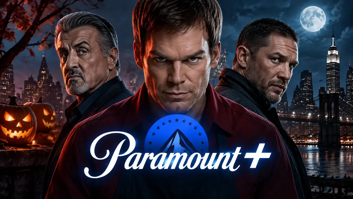 Постер Paramount+ к Хэллоуину: Декстер Морган на фоне ночного Нью-Йорка, рядом Сталлоне и Том Харди