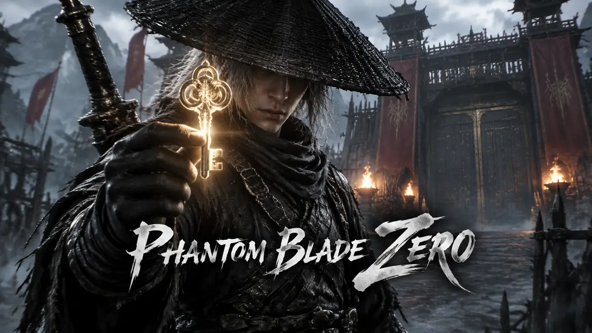 Мечник Соул держит светящийся ключ у ворот Mandate Encampment, арт в стиле Phantom Blade Zero