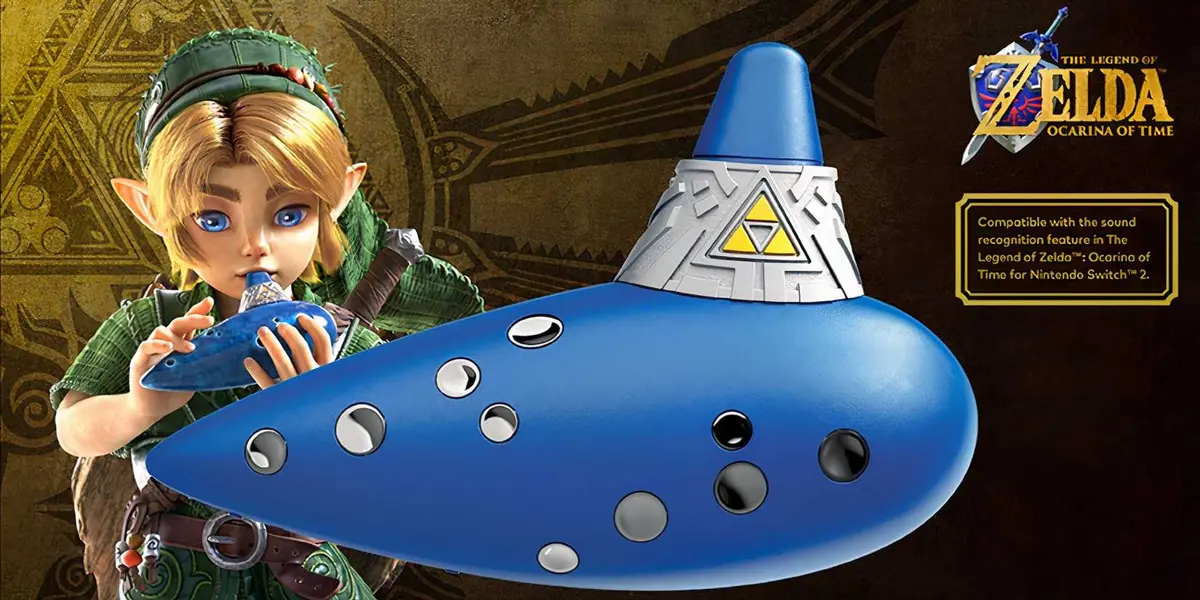 Young link holding an ocarina with the Ocarina of Time logo in the upper right