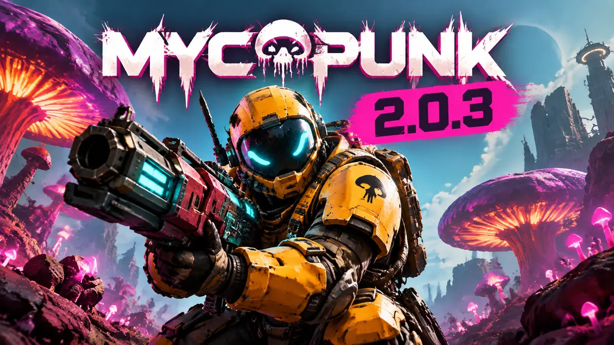 Боец Mycopunk в яркой броне с футуристическим оружием среди светящихся грибов, логотип игры сверху