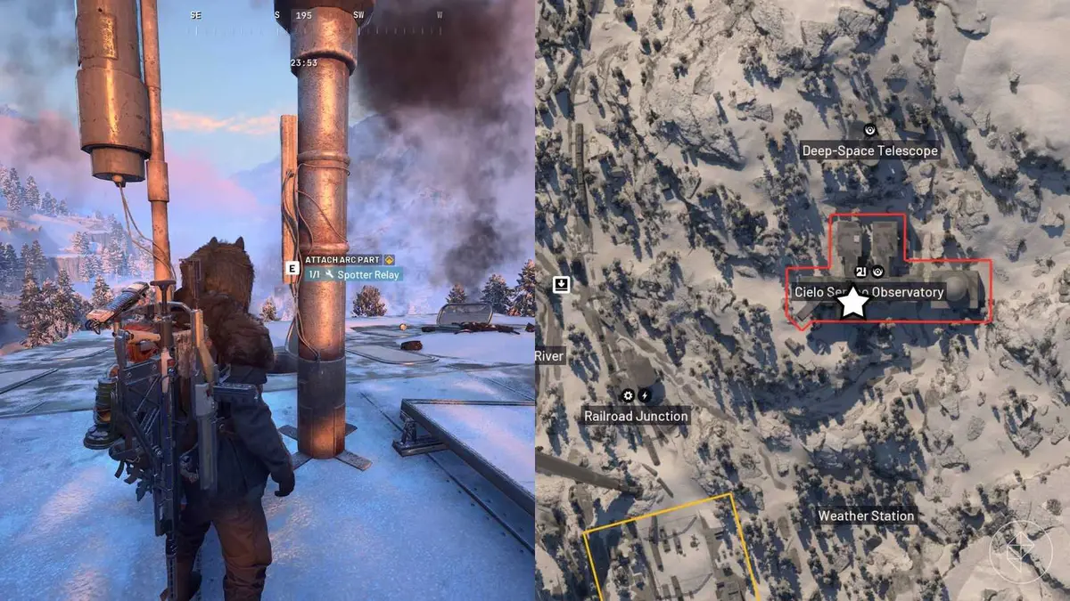 The left-hand side of the image shows the player standing in front of the antenna that requires fixing in the Ruins and Reverberations quest in Arc Raiders while the right-hand side shows the location