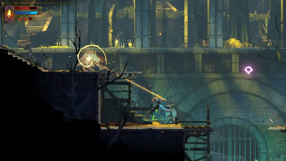 A Castlevania: Belmont's Curse image showing Rose hitting an enemy with her whip