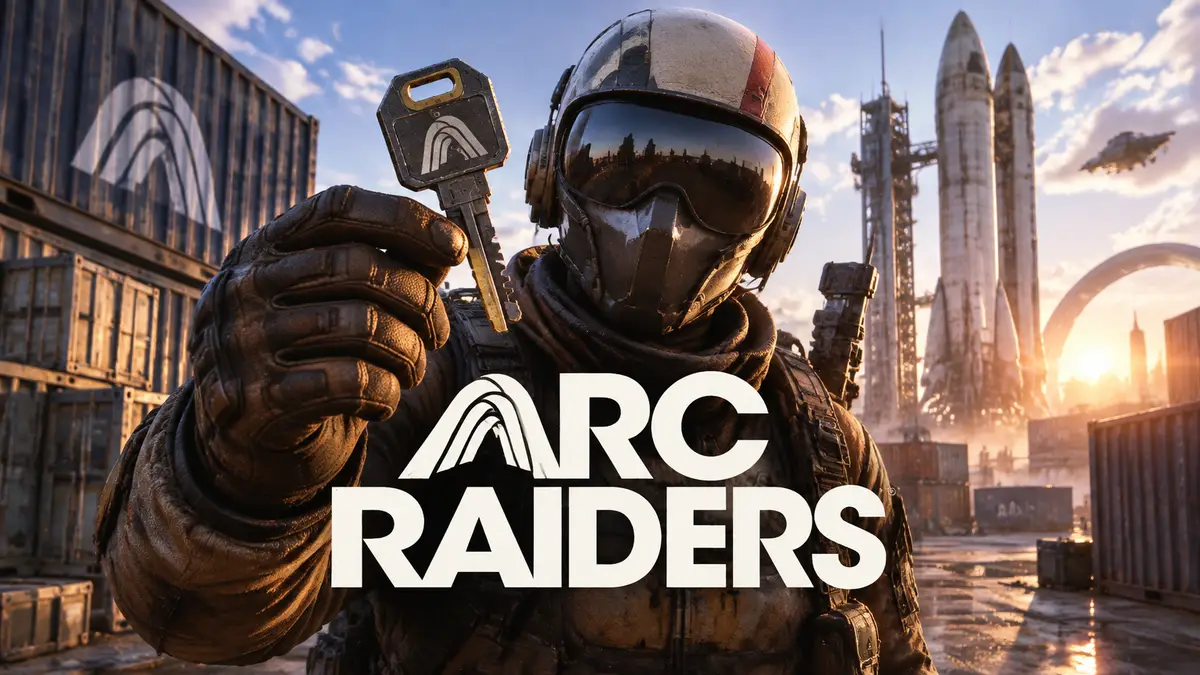 Рейдер ARC Raiders держит ключ от хранилища контейнеров космопорта на фоне контейнеров и ракет