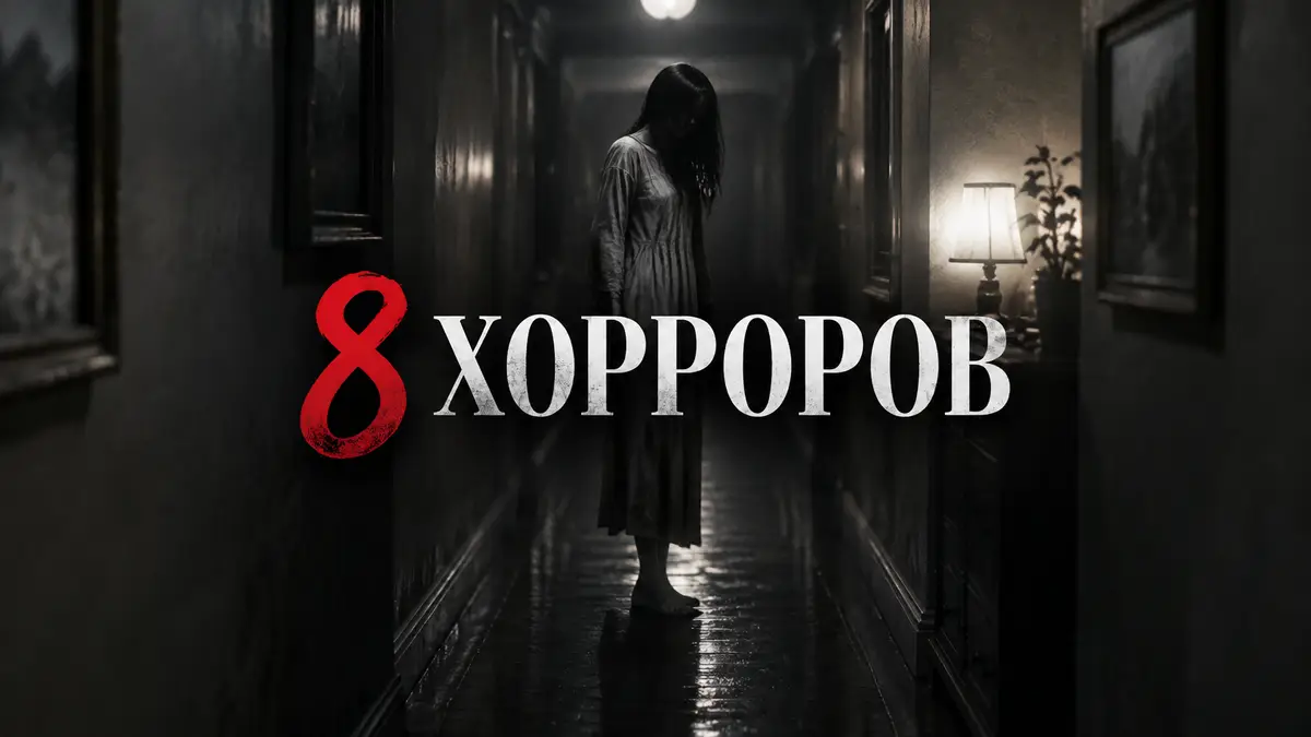 Призрачная женщина в тёмном коридоре пригородного дома, мрачный постер в стиле хоррор-игры P.T.