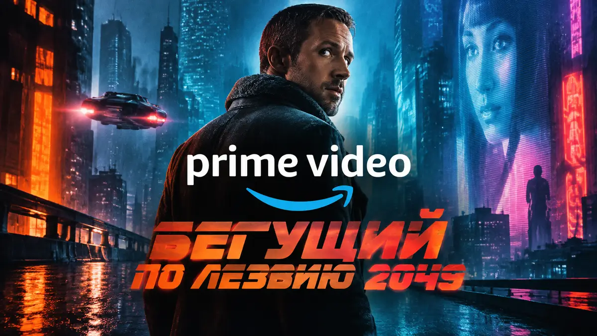 Постер в стиле киберпанка: офицер K в пальто на фоне неонового города, Prime Video, Бегущий по лезвию 2049