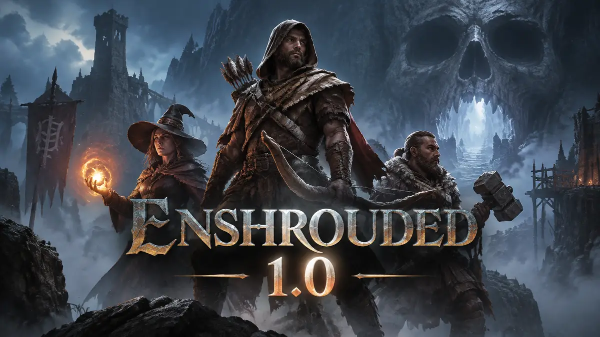 Герои Enshrouded с оружием на фоне мрачной пещеры-черепа в тумане, постер survival-RPG с логотипом