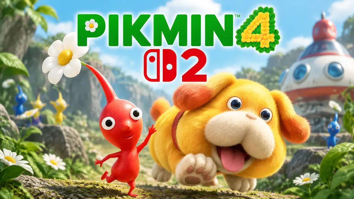 Красный пикмин и спасательный пес Оучи на фоне логотипа Pikmin 4 для Nintendo Switch 2