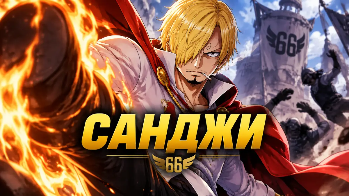 Санджи из манги One Piece в образе принца Винсмока на фоне битвы