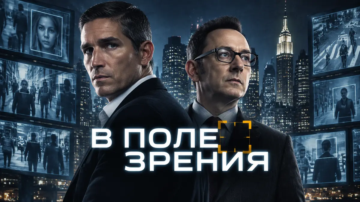 Джон Риз и Гарольд Финч на фоне ночного Нью-Йорка и экранов слежки, постер сериала «В поле зрения»