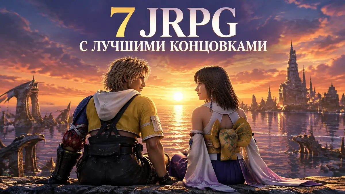 Тидус и Юна из Final Fantasy 10 на берегу Spira на фоне заката, постер в стиле лучших концовок JRPG