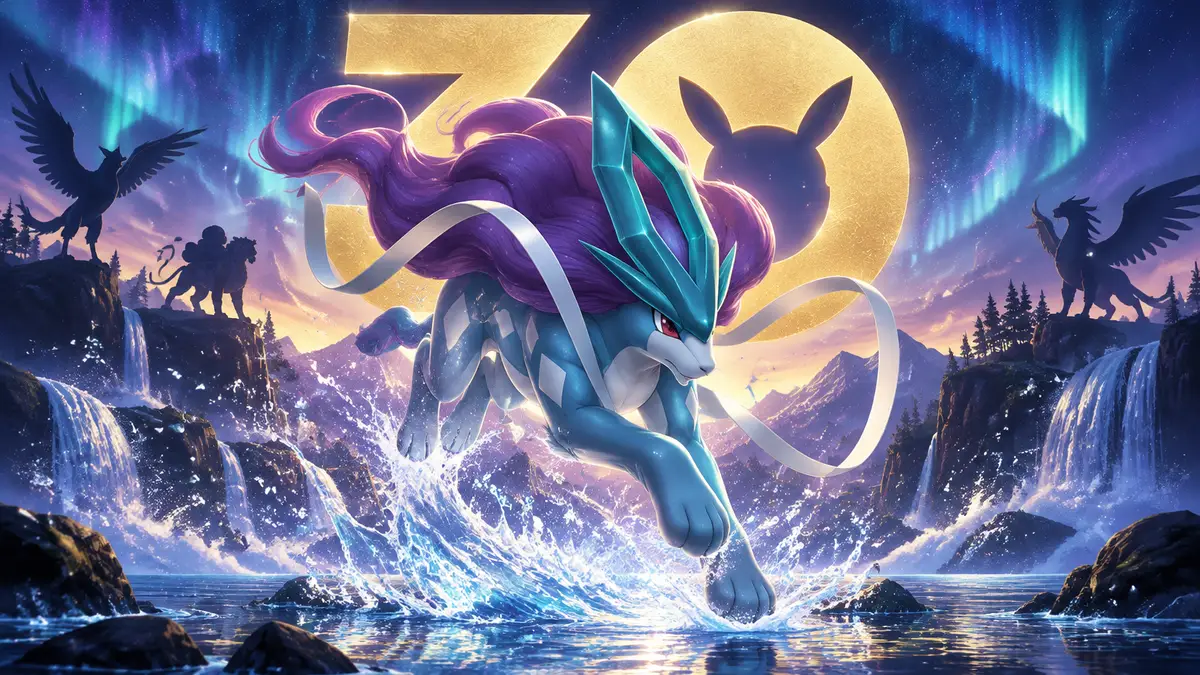 Легендарный покемон Suicune в прыжке на фоне юбилейного логотипа Pokémon 30th Anniversary