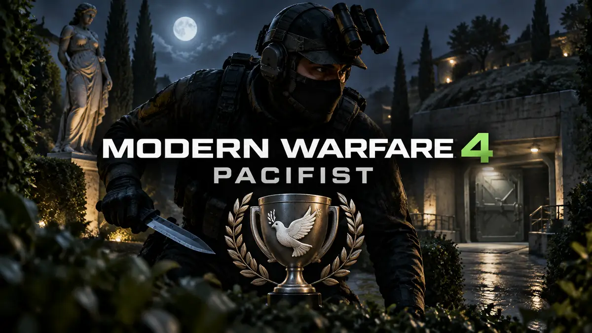 Боец Modern Warfare 4 с ножом крадётся в ночном саду у статуи и бункера, трофей Pacifist в стиле key art