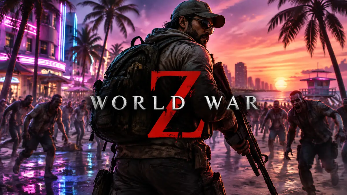 Выживший с оружием на фоне неонового побережья Майами в World War Z