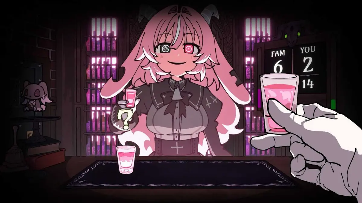 A character raises a shot glass in Drunken Goddess Reflux.
