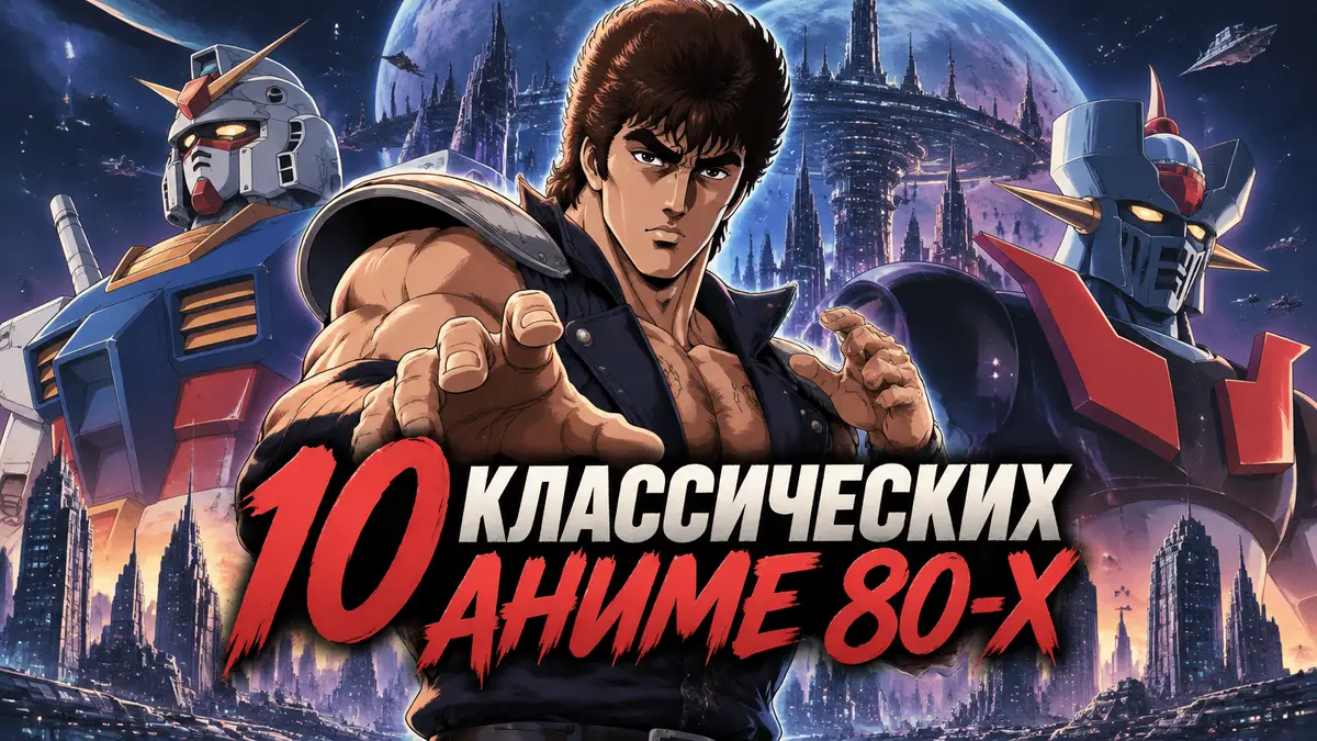 Постер аниме 80-х с Кэнсиро и гигантскими боевыми роботами на фоне космического мегаполиса