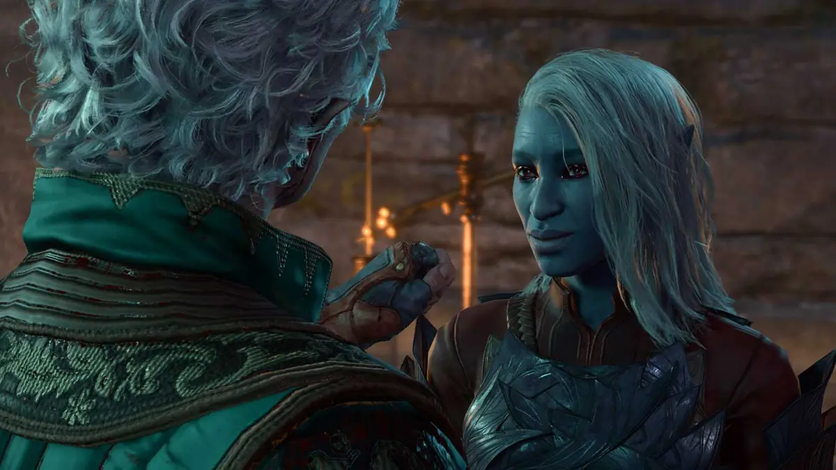 Baldur's Gate 3: Astarion is about to bite Araj Oblodra.