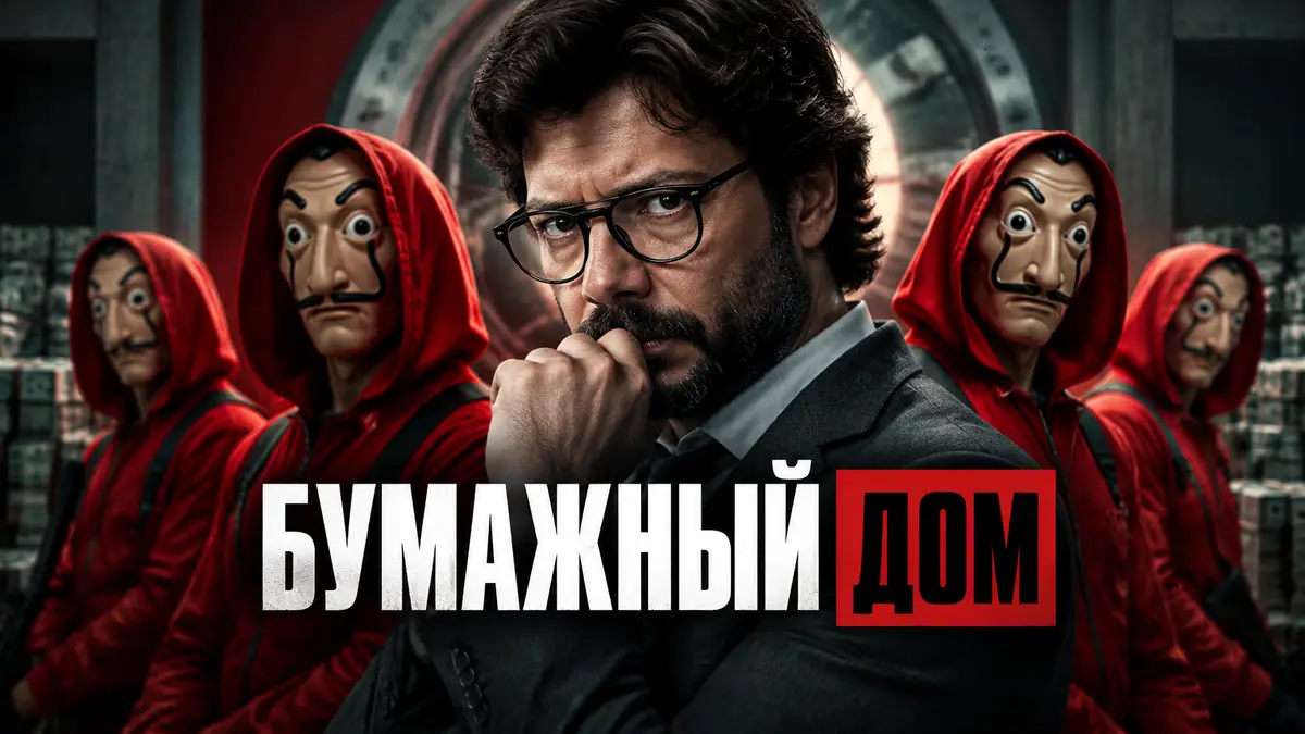 Профессор в очках на фоне грабителей в красных комбинезонах и масках Дали, постер сериала «Бумажный дом»