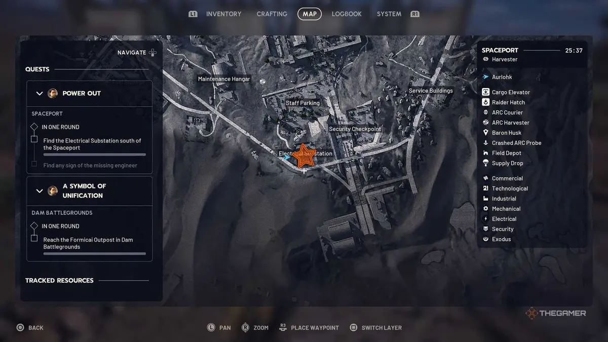 Map of southeastern Spaceport with an orange star edited onto the Electrical Substation location in Arc Raiders.