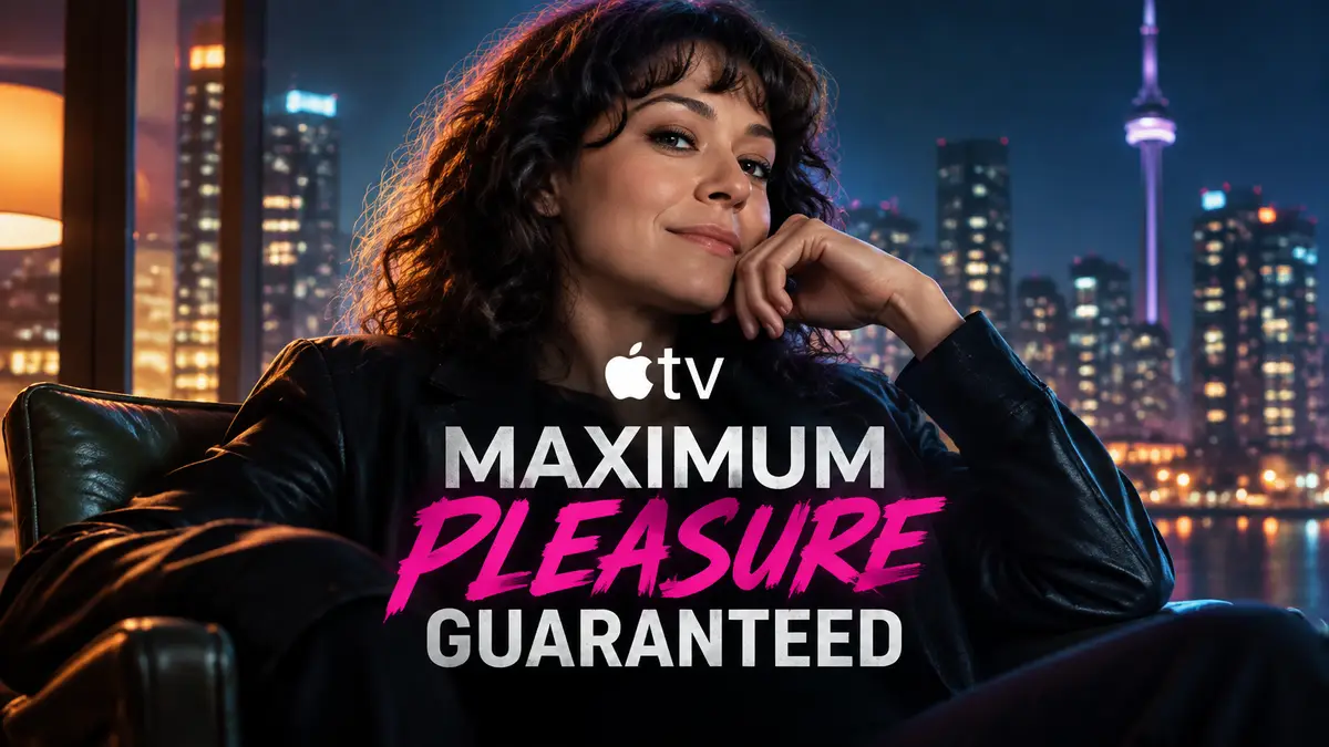 Татьяна Маслани в роли Паулы на постере сериала Maximum Pleasure Guaranteed от Apple TV, ночной город