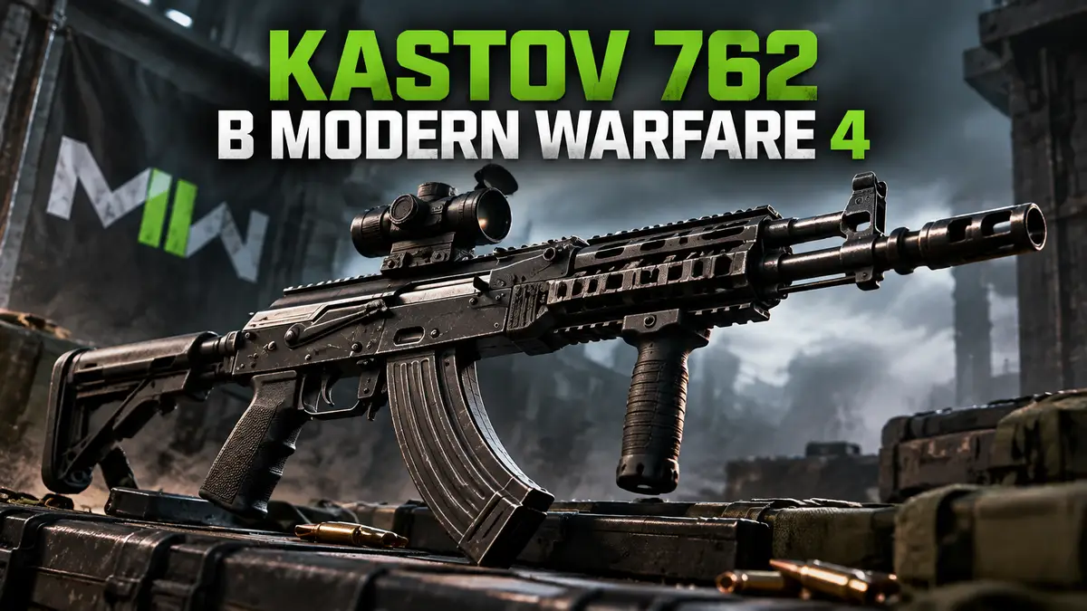Штурмовая винтовка Kastov 762 с прицелом и рукоятками крупно в центре, логотип Modern Warfare 4