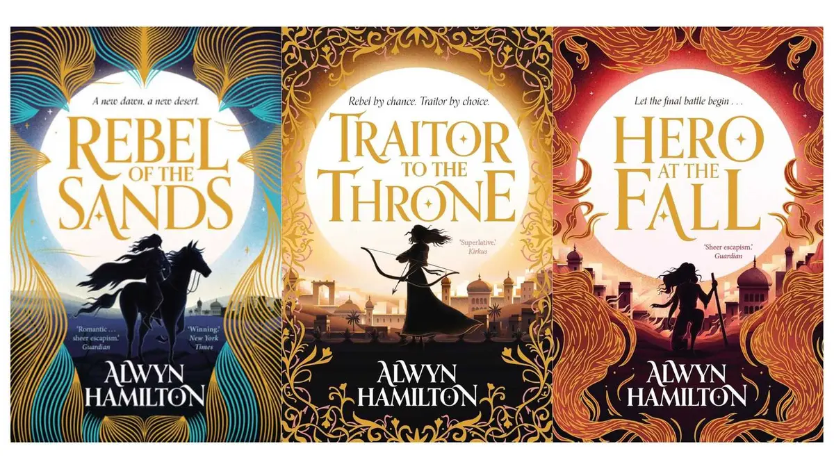 Rebel of the Sands Trilogy by Alwyn Hamilton featuring a girl in silhouette on every cover