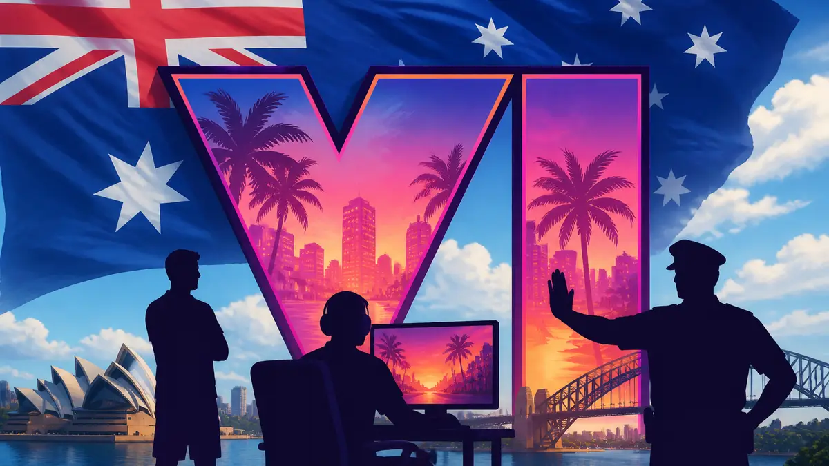 Логотип игры Grand Theft Auto VI на фоне флага Австралии