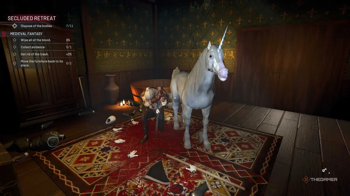 Crime Scene Cleaner kneeling man and unicorn.