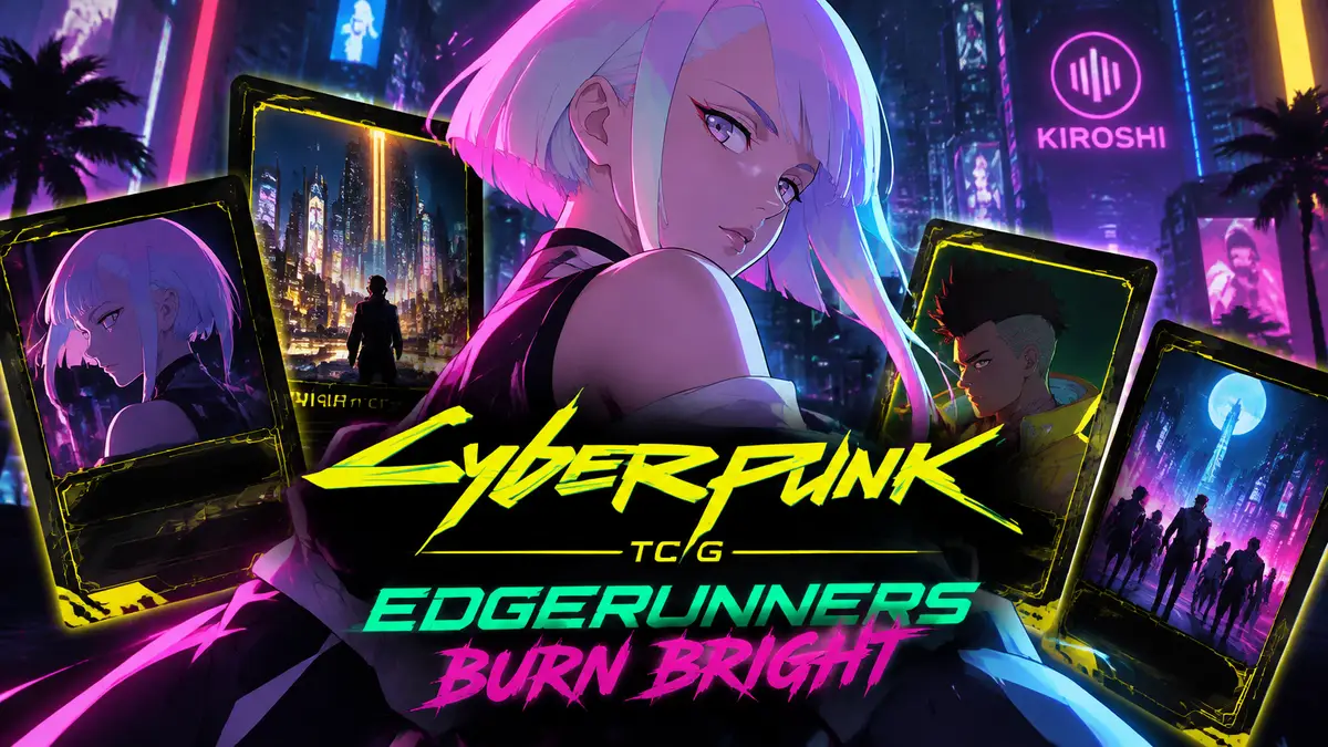 Люси из «Бегущих по краю» в неоновом свете Найт-Сити на фоне карт набора Cyberpunk TCG Burn Bright