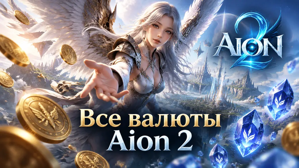 Крылатый даэва над миром Atreia среди сияющих монет Kina и кристаллов Quna, постер Aion 2
