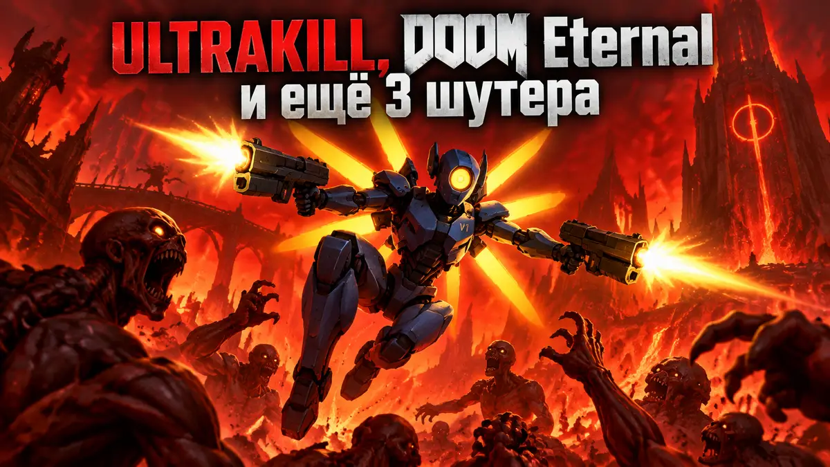 Боевая машина из ULTRAKILL в прыжке на демонов в огненном Аду, постер подборки агрессивных шутеров