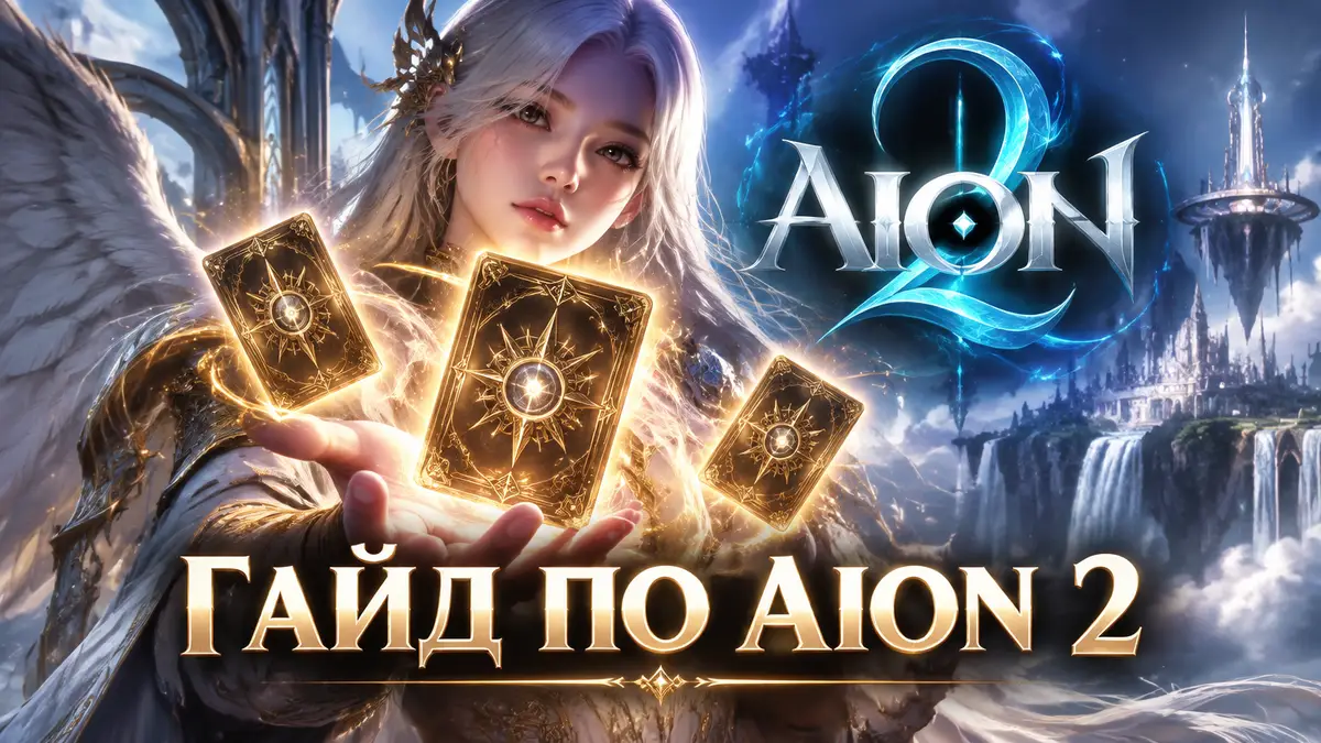 Магические карты Арканы светятся золотым сиянием на фоне логотипа MMORPG Aion 2