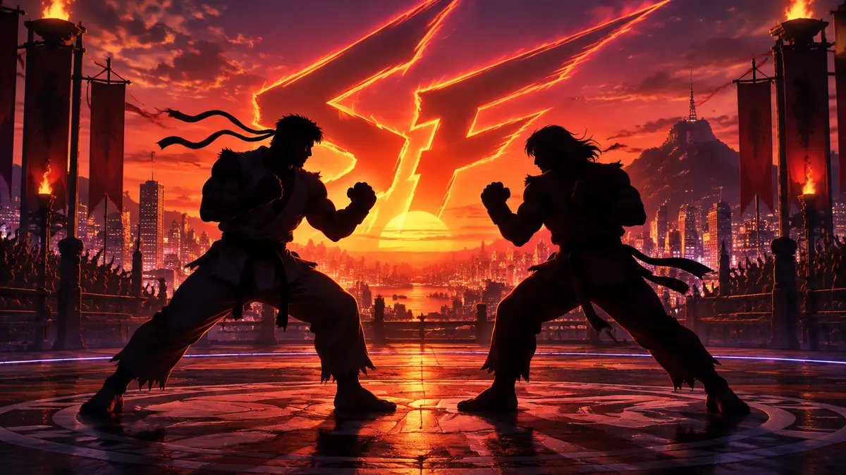 Рю и Кен в боевых стойках на арене турнира, за ними неоновый логотип Street Fighter и закат над городом