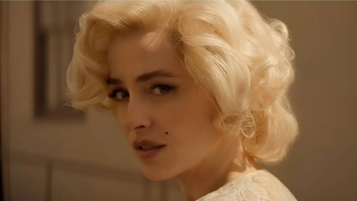 Dakota-Johnson as Marilyn Monroe looking at the camera in the short film Flesh-Impact