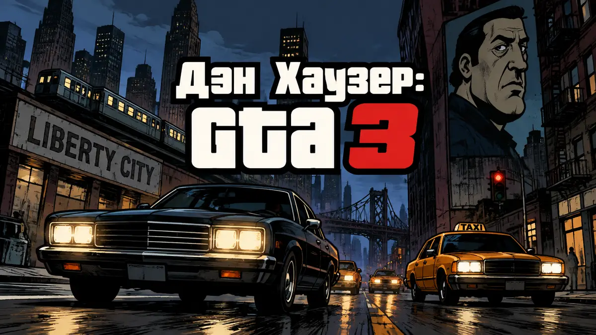 Либерти-Сити из GTA 3 в стиле комиксной обложки Rockstar Games, ночной город и машины на улицах