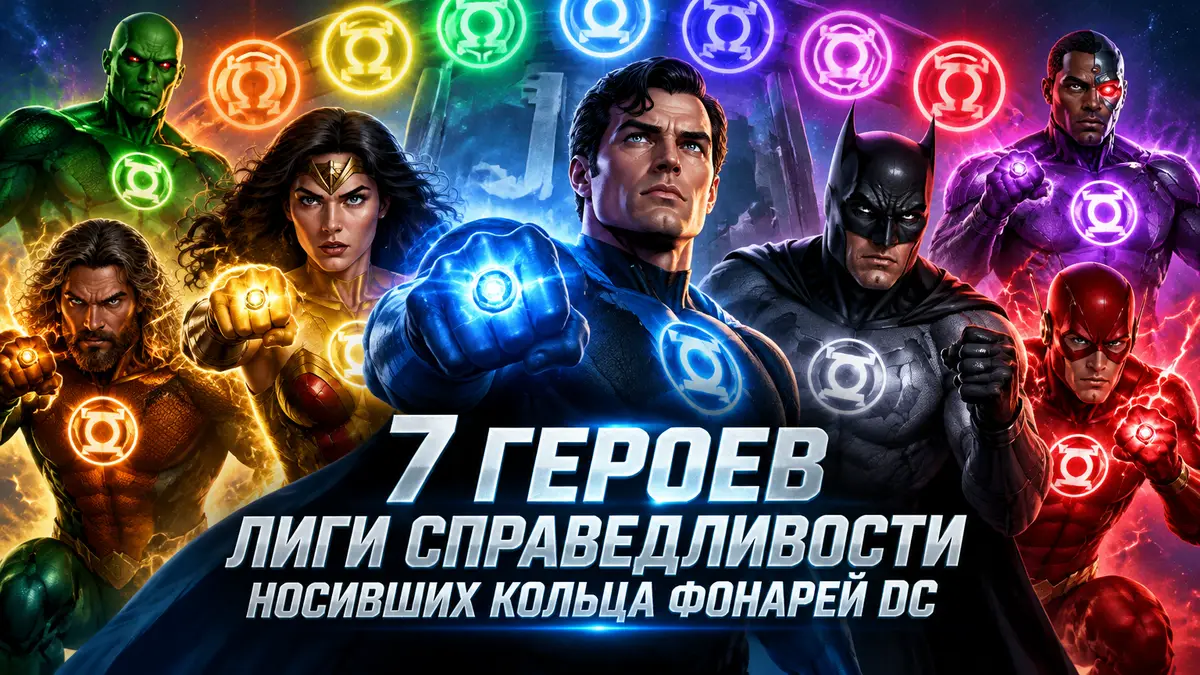 Герои Лиги Справедливости DC в костюмах Фонарей разных цветов на фоне сияющих колец эмоционального спектра