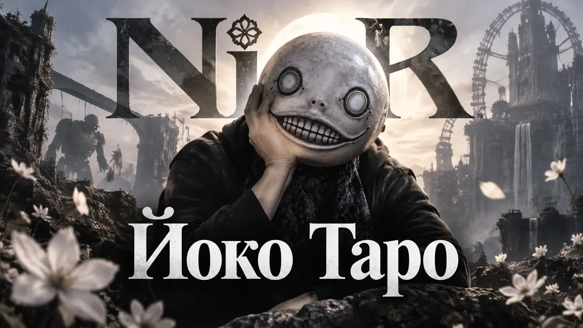 Геймдизайнер Йоко Таро в маске Эмиля на фоне логотипа серии Nier