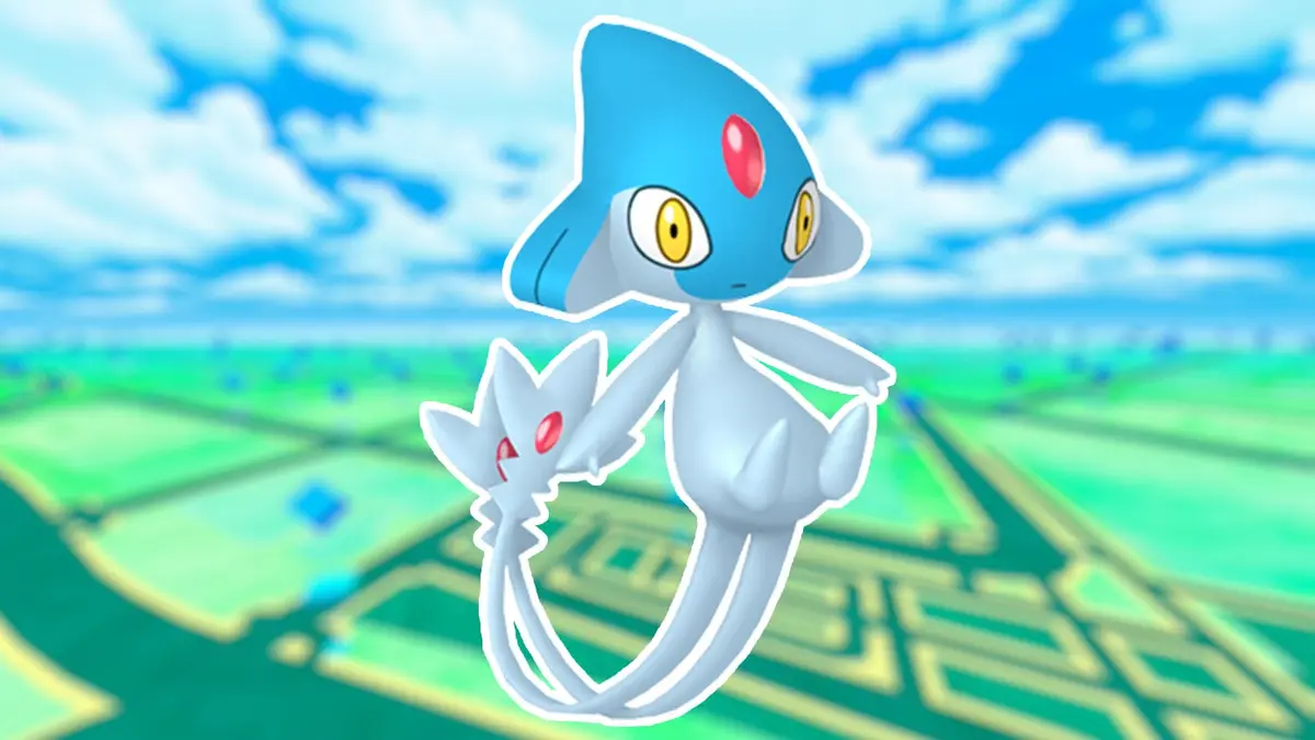 Azelf on a Pokémon Go background.