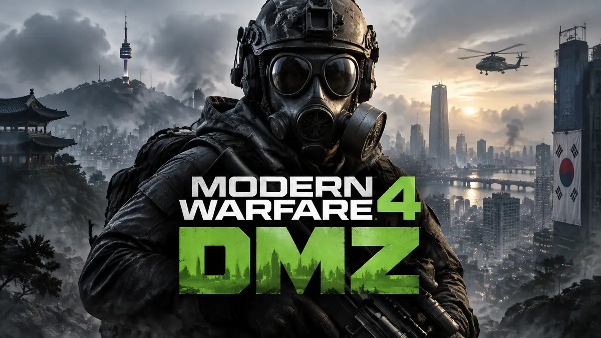 Боец в противогазе в центре постера Modern Warfare 4 DMZ на фоне корейского города в дымке