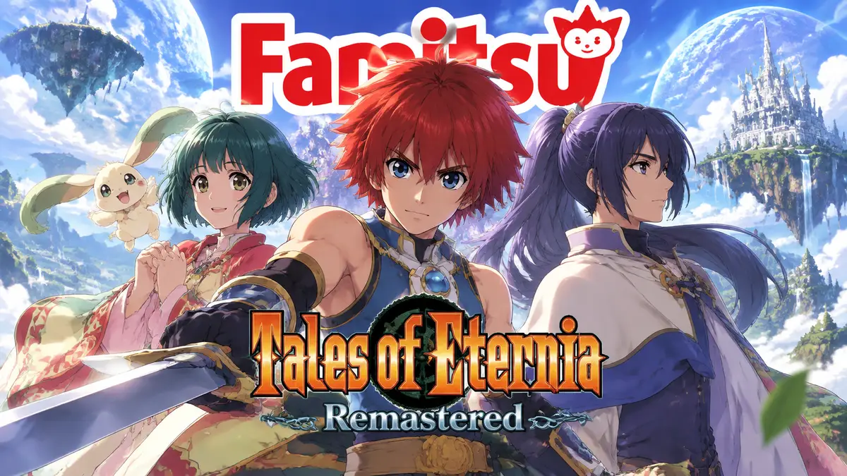 Герои Tales of Eternia Remastered в аниме-стиле на фоне фэнтезийного неба и логотипа чарта Famitsu
