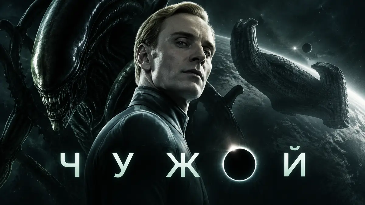 Постер фильма «Чужой»: андроид Давид на фоне ксеноморфа и корабля инженеров в мрачном космосе