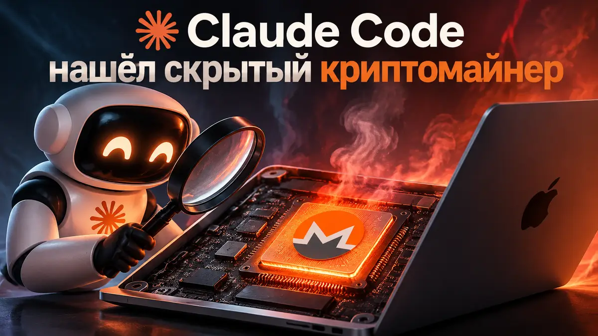 Ноутбук MacBook с раскалённым процессором и символом Monero, рядом логотип ИИ-агента Claude Code