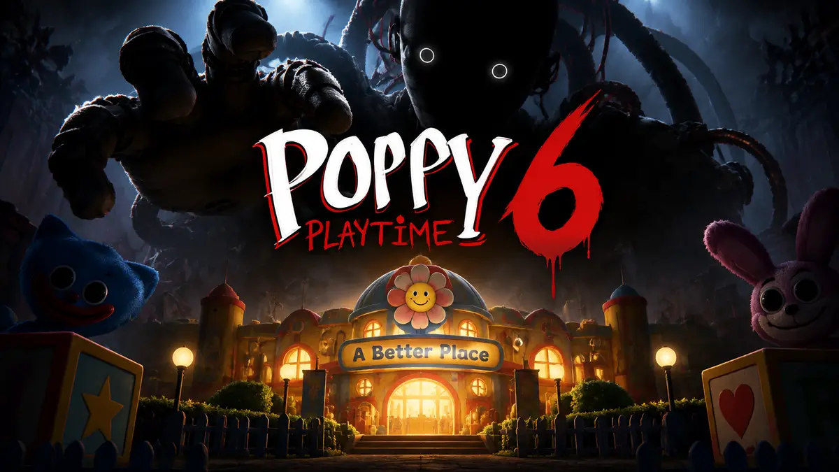 Prototype из Poppy Playtime в тени над уютным игрушечным домом A Better Place, логотип Chapter 6