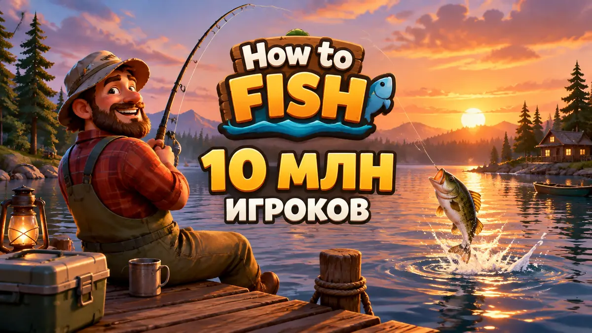 Рыбак с удочкой на деревянном причале у спокойного озера на закате, уютный key art игры How to Fish