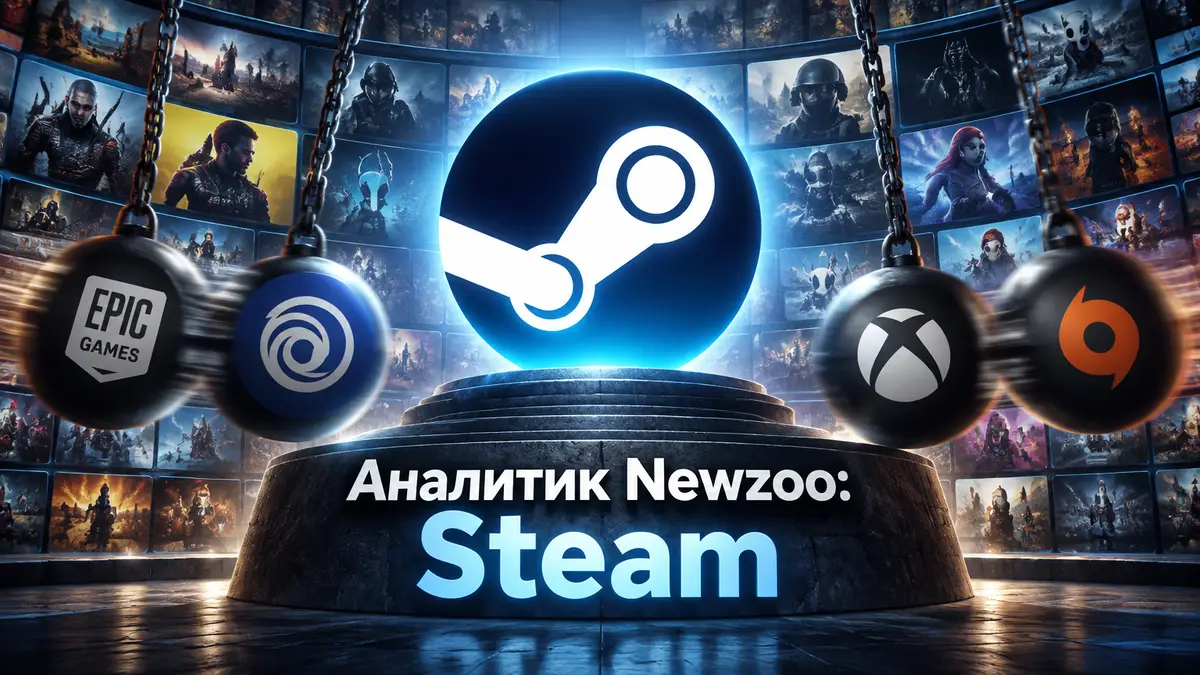Логотип Steam в центре на фоне огромной цифровой библиотеки игр, рядом маятник и значки других лаунчеров